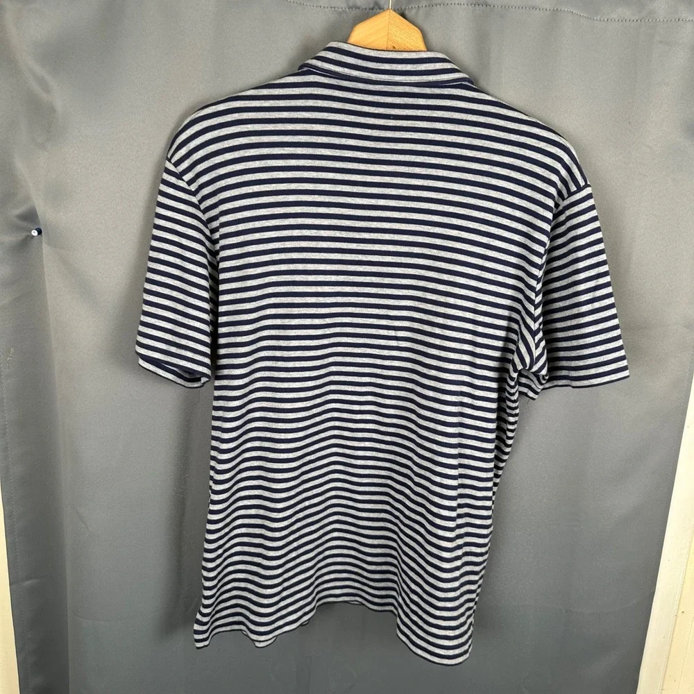 Polo Ralph Lauren Mens Large Striped Polo Shirt Navy Blue Grey Short Sleeve L